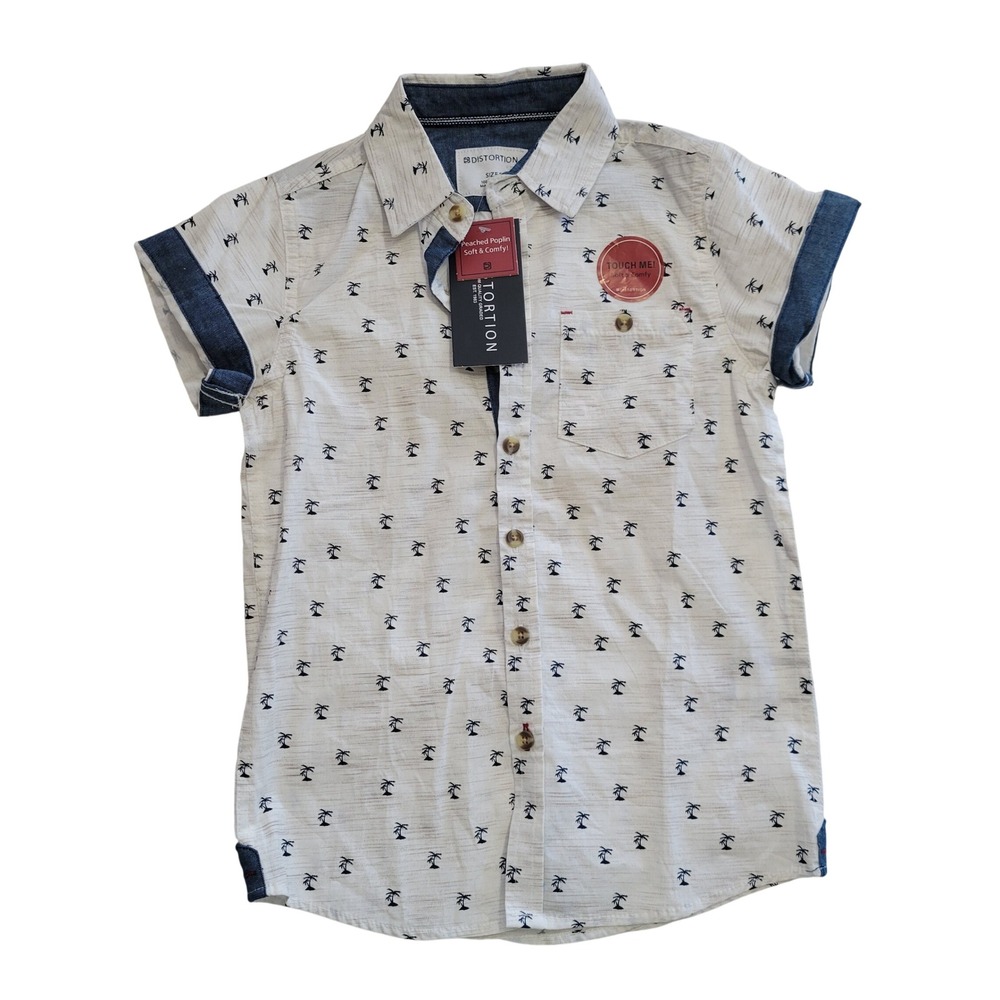 Distortion Button Down Shirt Boys Size 5 Cream Cotton Palm Tree Print Short Slee